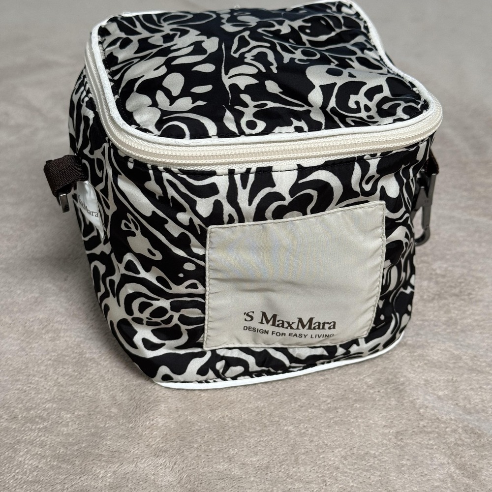 S‎ MaxMara Cosmetic Makeup Bag Travel Case Black White Print Zipper Pockets